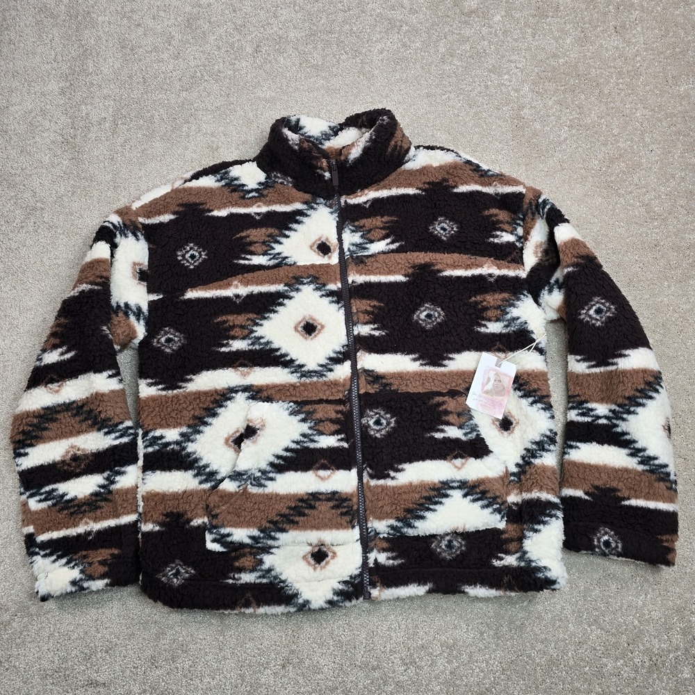 Jessica Simpson Sherpa Coat Aztec Print Womans‎ Zip Up Fleece Jacket Medium New